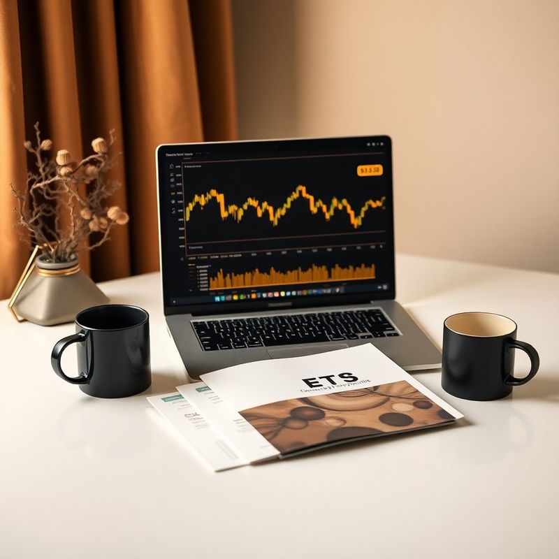 Birou curat cu laptop afișând un grafic bursier auriu, prospect ETF tipărit și o cană de cafea