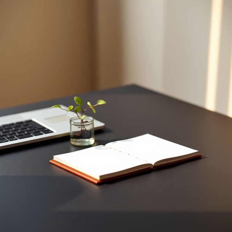 Birou minimalist cărbune cu un carnet cu accente aurii, laptop deschis și o plantă în lumină de dimineață