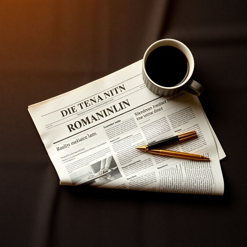 Ziar financiar românesc, o ceașcă de cafea și un stilou aurit pe o suprafață de in cărbune